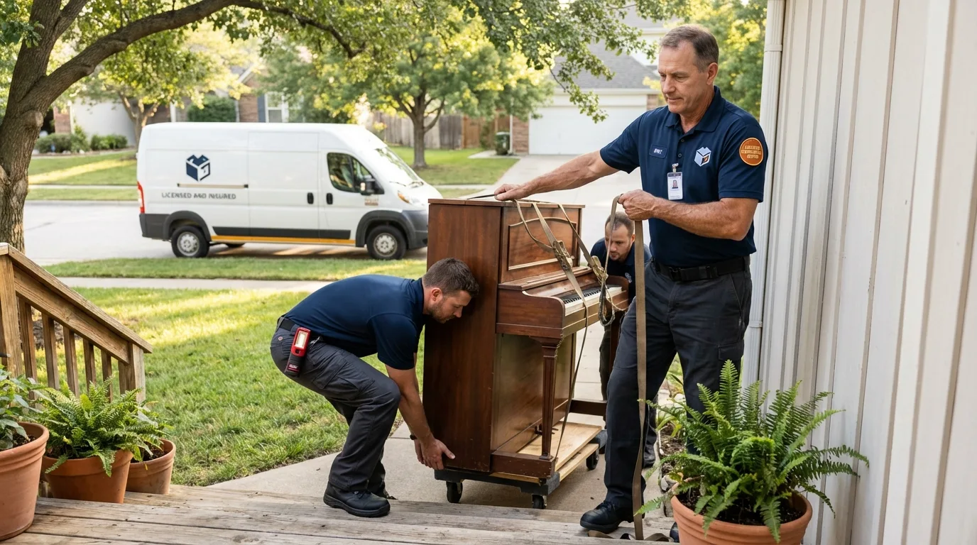 Licensed piano movers securing grand piano in Beach City, OH