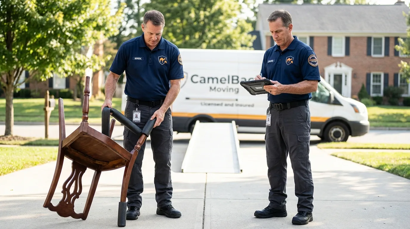 Movers inspecting furniture for damage prevention before loading in Beach City, OH