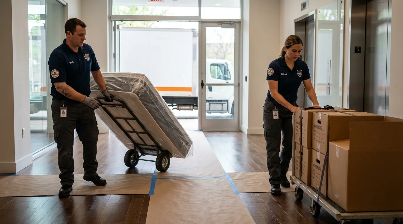 Professional apartment movers loading elevator in Beach City, OH